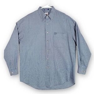 Faconnable Mens Button Down Shirt Large Blue Houndstooth Long Sleeve Pocket L